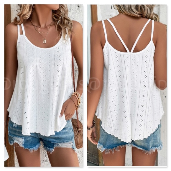 White Eyelet Loose Fit Tank Top Double Strap Round Boat Neck Stretchy - Picture 1 of 10